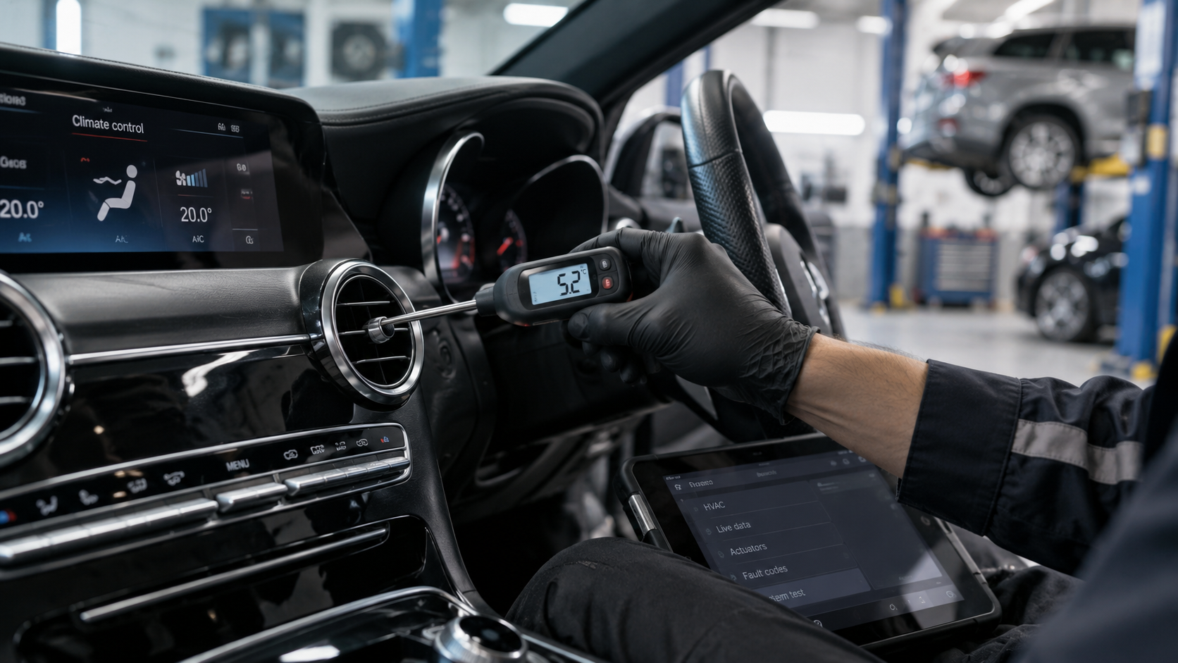 Gloved hand measuring vent temperature during automotive air conditioning diagnosis
