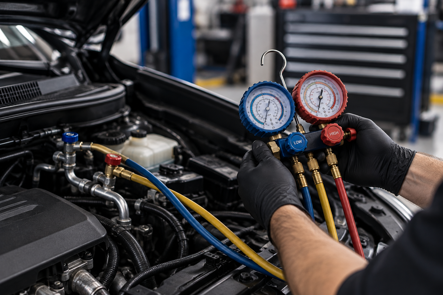 Refrigerant manifold gauges with red and blue service connections being used during air conditioning diagnosis
