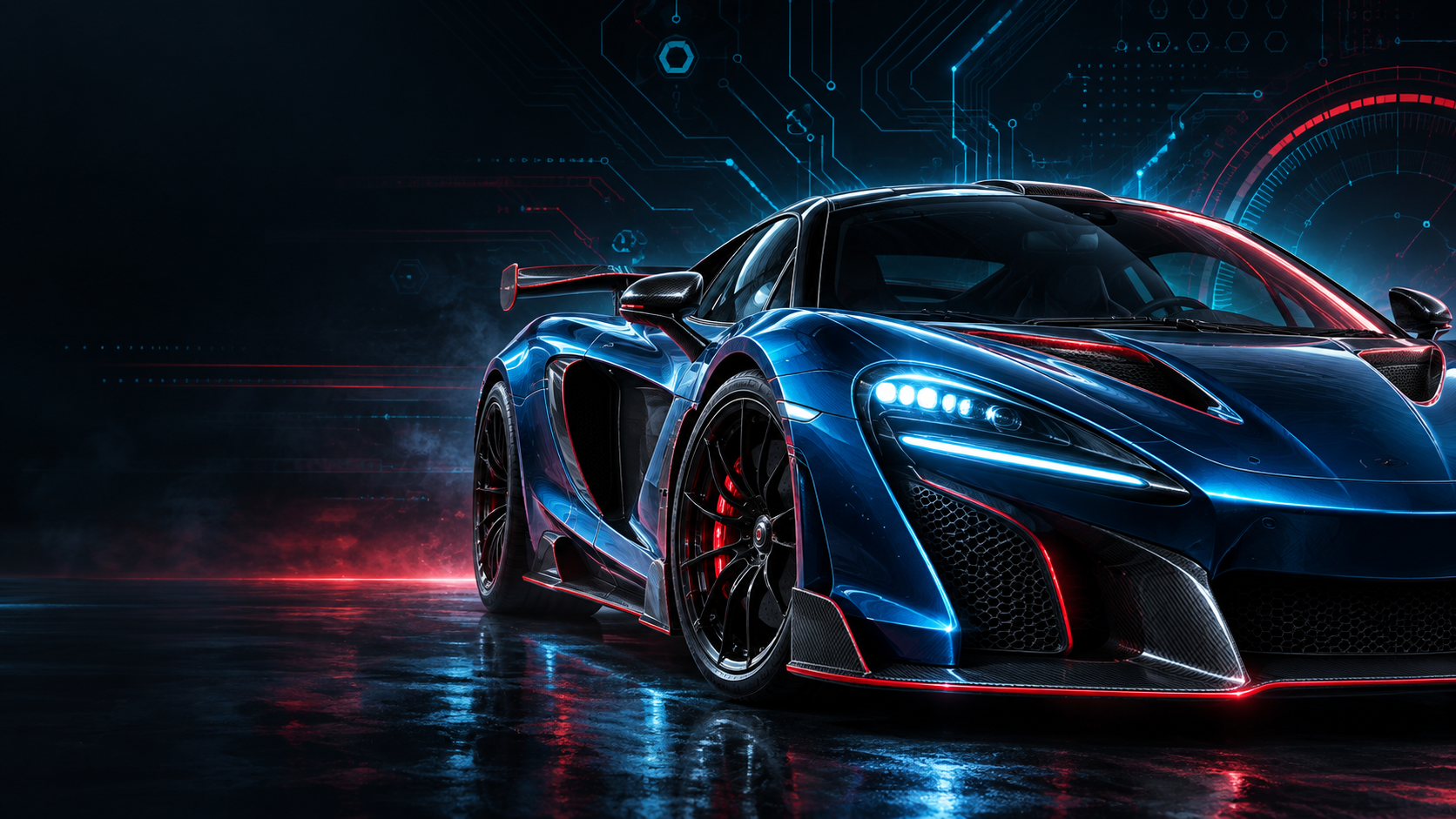 Modern supercar in a dark specialist automotive workshop with technical circuit accents
