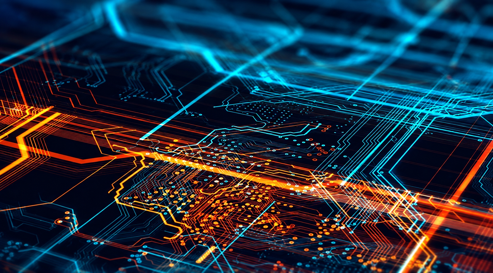 Close view of a circuit board with aqua and orange electrical pathways, referencing the electrical nature of the work