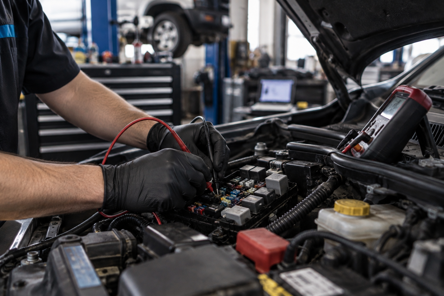 Anonymous hands using a multimeter to test an automotive fuse and relay box in an engine bay