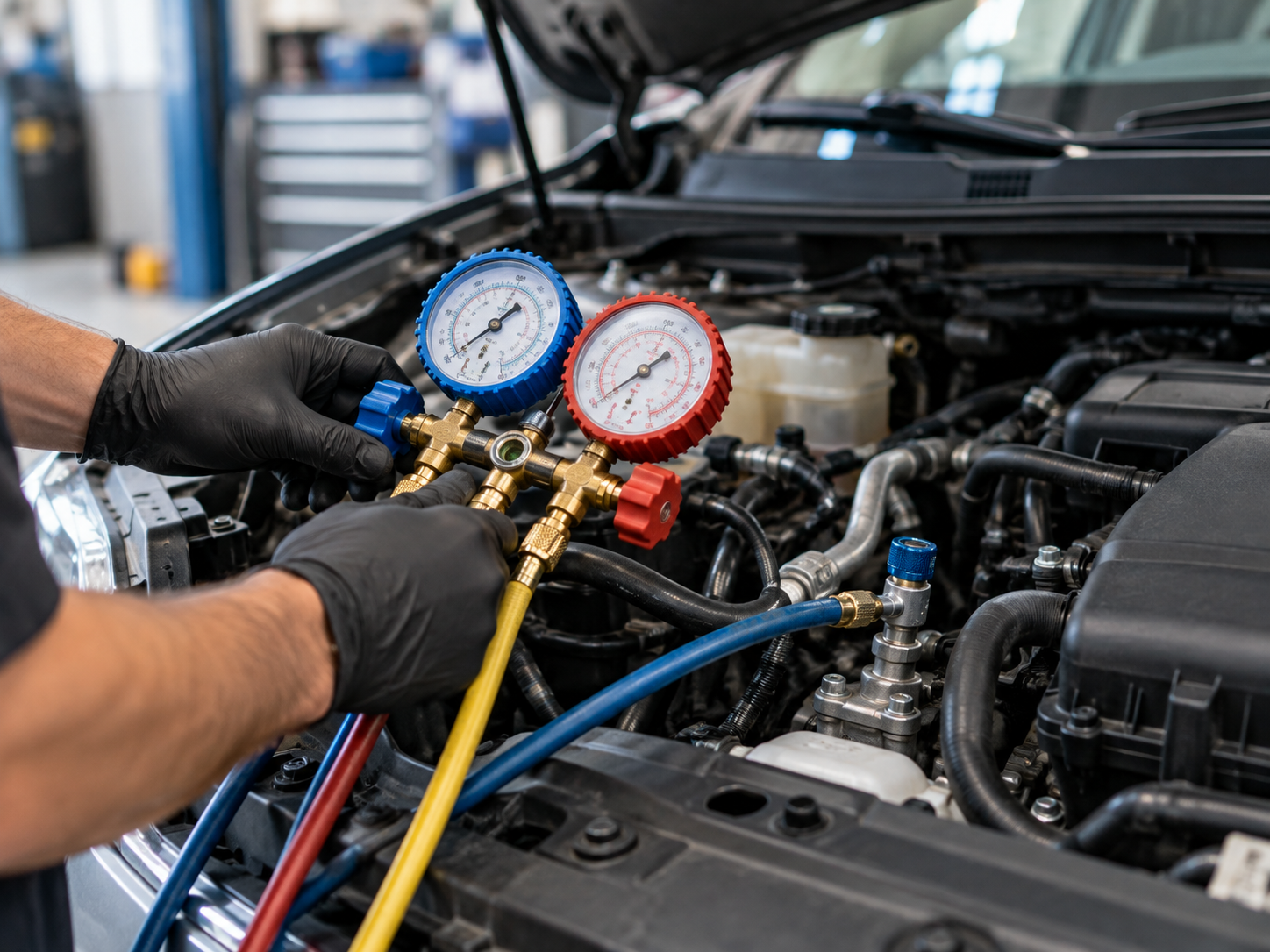 Refrigerant manifold gauges with red and blue service connections connected to an engine bay during air conditioning diagnosis