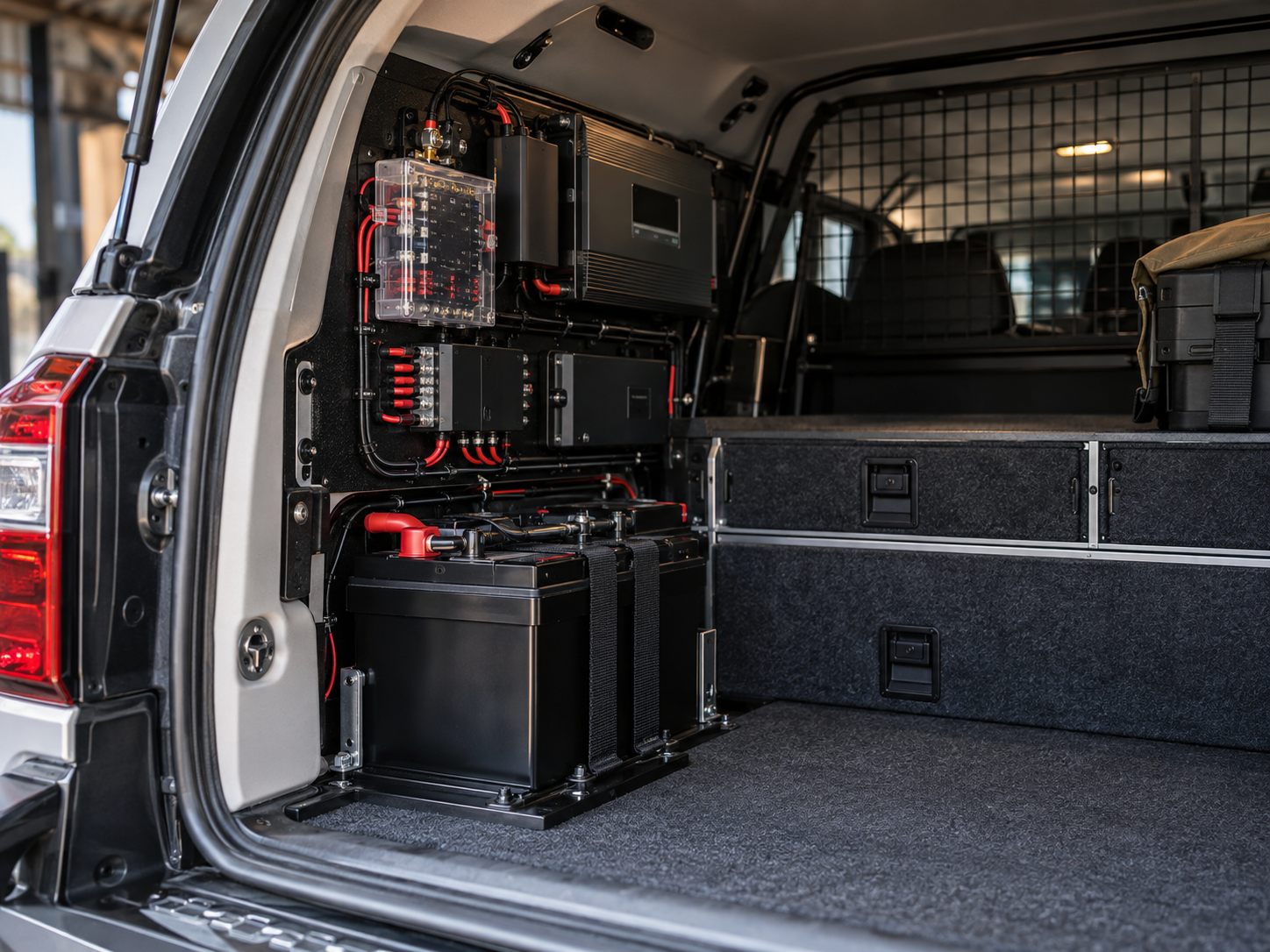 Professional 4WD auxiliary battery and power system installation with fuse distribution and tidy cable routing